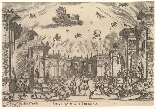 Fifth scene, the Inferno, from "The marriage of the gods" (Le nozze degli Dei) by Stefano della Bella, print, 1637