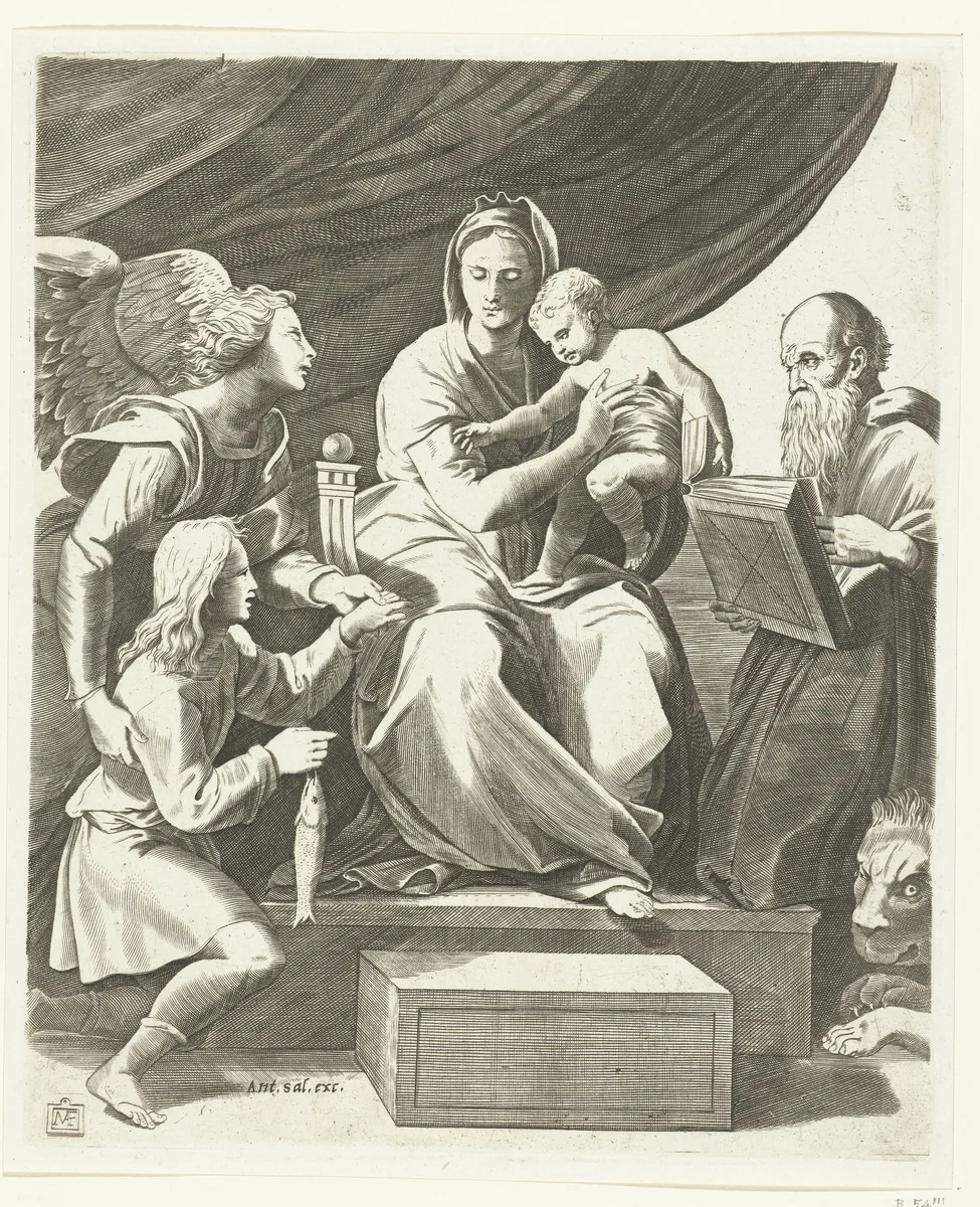 Maria met kind geflankeerd door aartsengel Michaël met Tobias met vis en heilige Hieronymus by Marco Dente, print, 1515-1550
