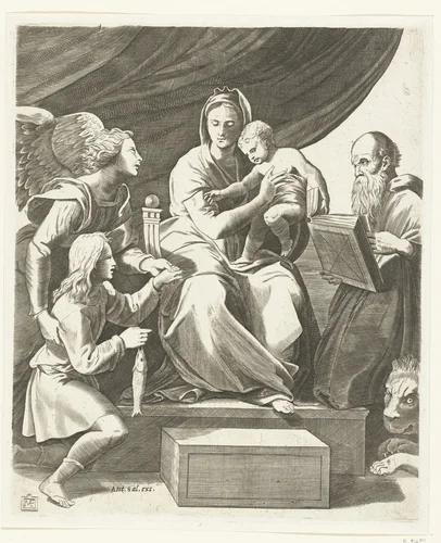 Maria met kind geflankeerd door aartsengel Michaël met Tobias met vis en heilige Hieronymus by Marco Dente, print, 1515-1550
