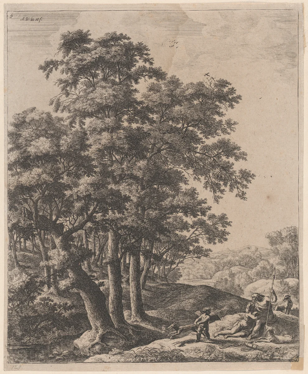Venus and Adonis by Anthonie Waterloo, print, 1620-1690
