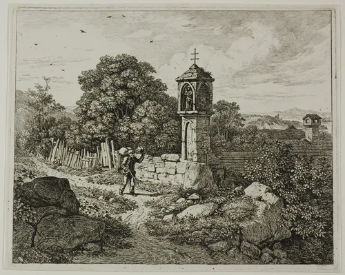 Farmer Greeting a Roadside Shrine of the Madonna, plate one from Die zwei grossen Landschaften mit den Betsäulen by Johann Christoph Erhard, print, 1817