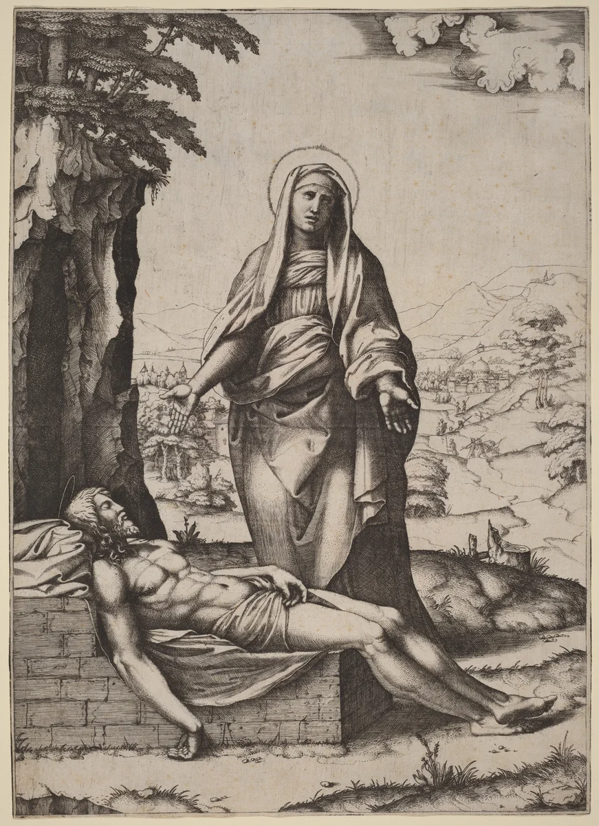 The Lamentation of the Virgin by Marcantonio Raimondi, print, 1510