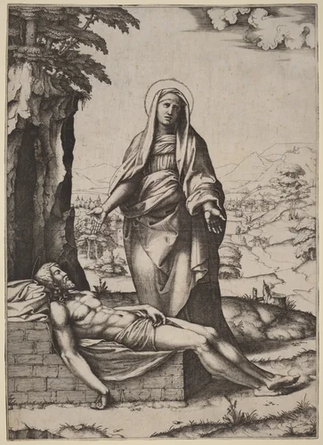 The Lamentation of the Virgin by Marcantonio Raimondi, print, 1510