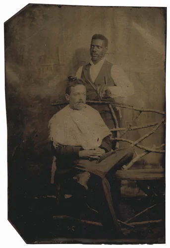 Portrait of a Man Cutting Hair by American 19th Century, photograph, 1885-1899