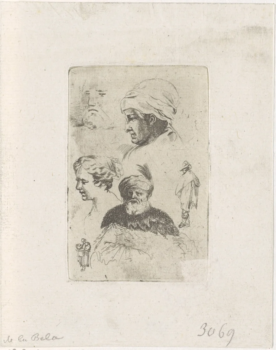 Vier studies van hoofden en twee staande figuren by anonymous, print, 1620-1664