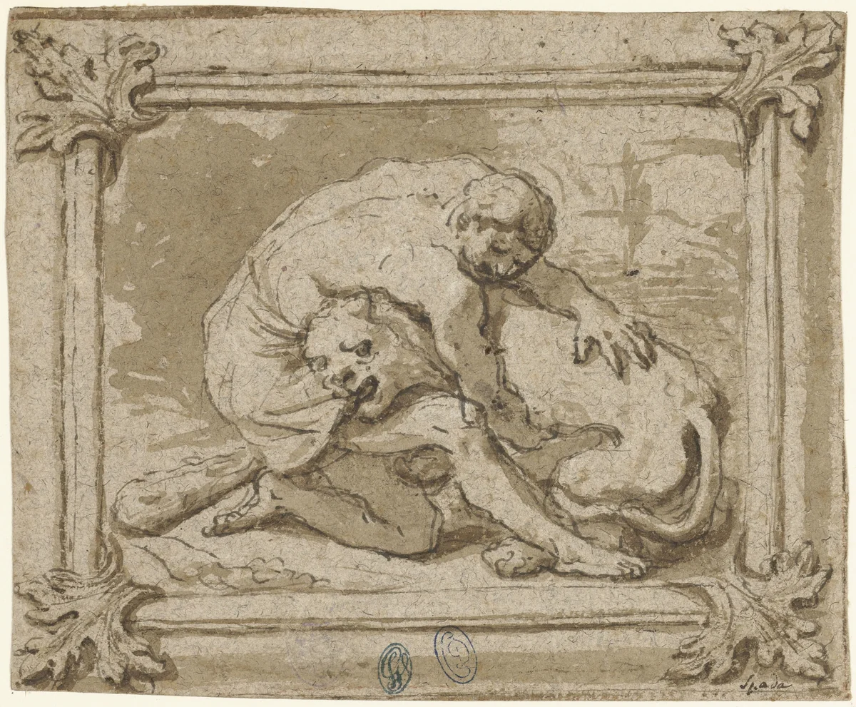 Hercules in gevecht met de Nemische leeuw by Lionello Spada, drawing, 1611-1621