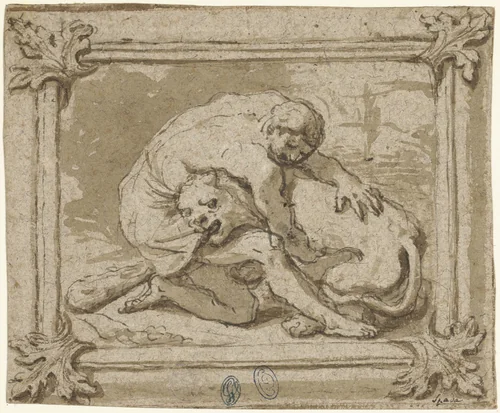Hercules in gevecht met de Nemische leeuw by Lionello Spada, drawing, 1611-1621