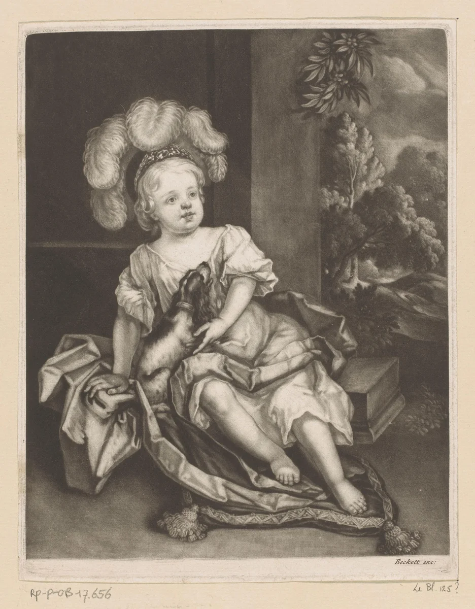 Portret van kind met hond, mogelijk Willem, hertog van Gloucester by Isaac Beckett, print, 1692-1715