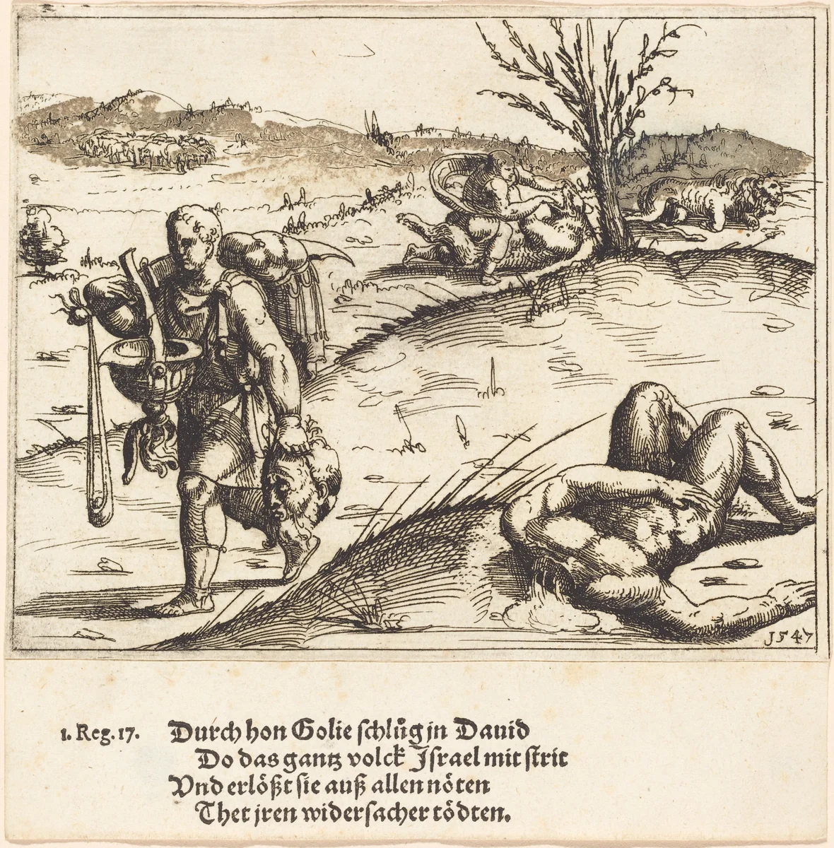 David Beheads Goliath by Augustin Hirschvogel, print, 1547
