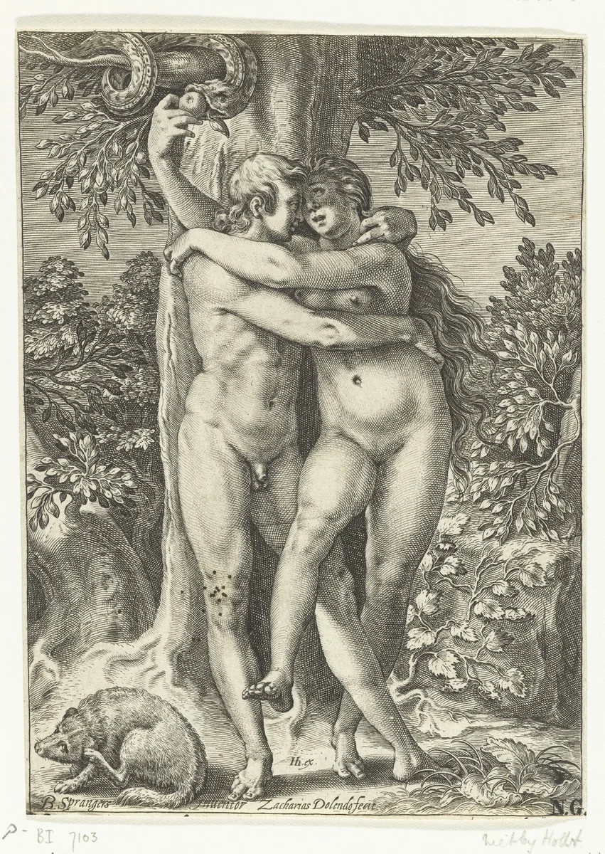 De verzoeking van Adam en Eva by Unknown, print, 1580-1601