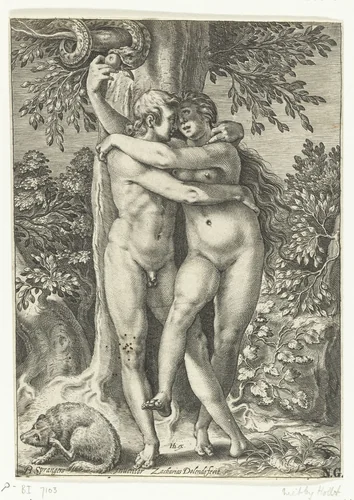 De verzoeking van Adam en Eva by Unknown, print, 1580-1601