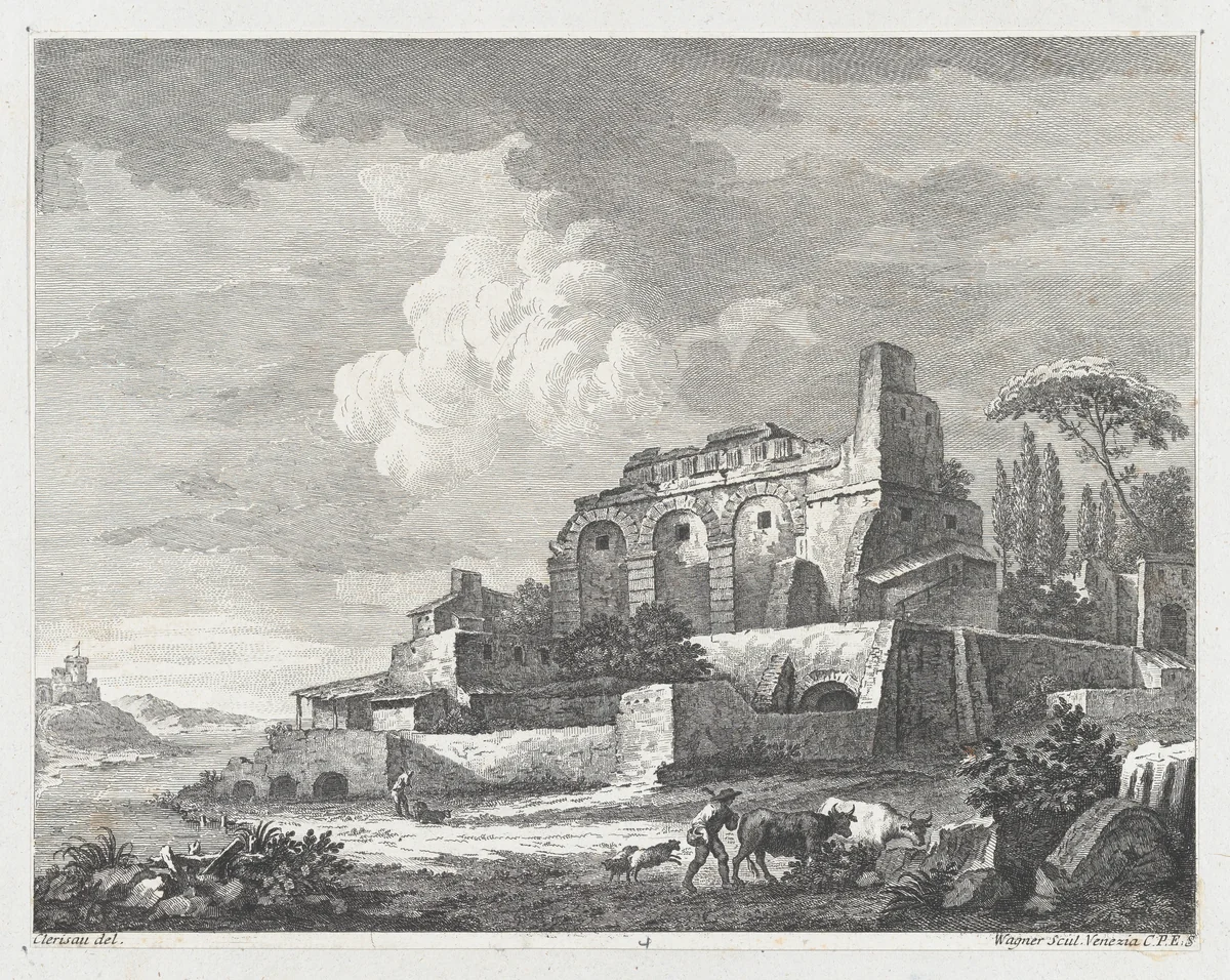 Landscape with Ruins by Joseph Wagner, print, 1745-1775