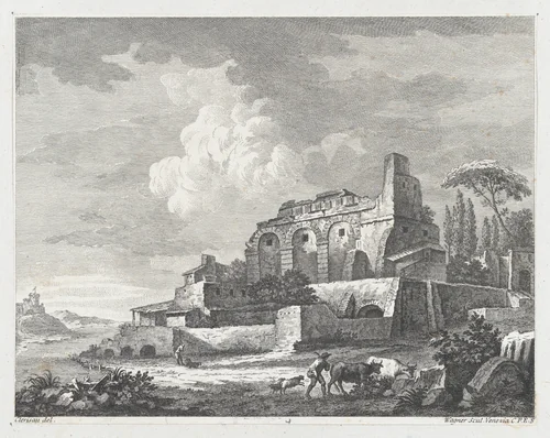 Landscape with Ruins by Joseph Wagner, print, 1745-1775