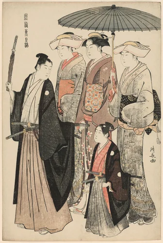 A Young Nobleman, His Mother, and Three Servents, from the series "A Brocade of Eastern Manners (Fuzoku Azuma no nishiki)" by Torii Kiyonaga (鳥居清長), print, 1778-1789