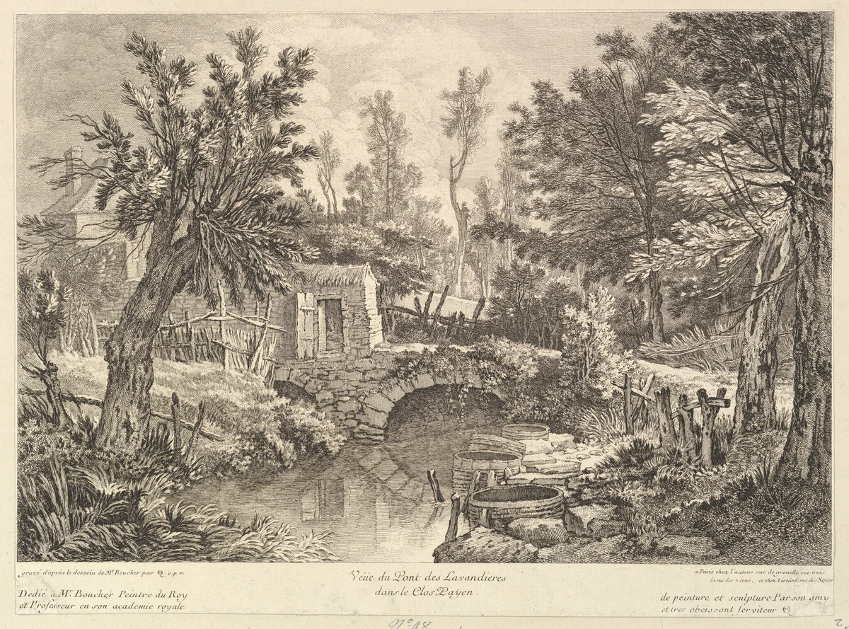 View of the Bridge of Washerwomen at the Peasant House by Quentin Pierre Chedel, print, 1725-1760