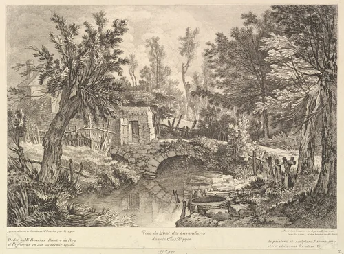 View of the Bridge of Washerwomen at the Peasant House by Quentin Pierre Chedel, print, 1725-1760