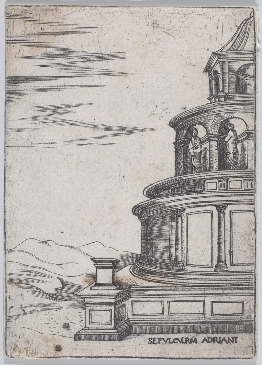Sepulchrum Adriani, from "Views of Ancient Roman Temples and Arches" by anonymous, print, 1535-1540