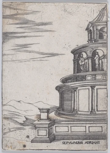 Sepulchrum Adriani, from "Views of Ancient Roman Temples and Arches" by anonymous, print, 1535-1540