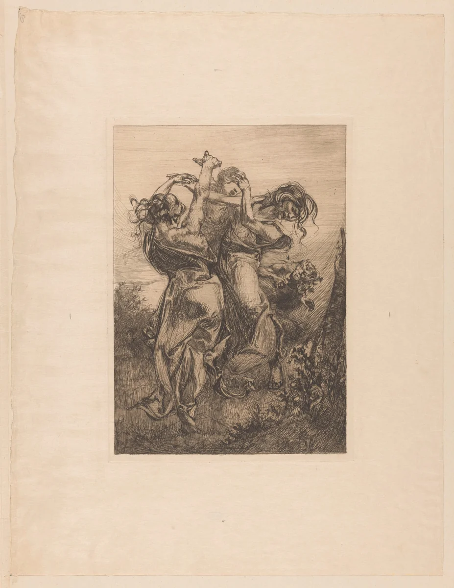 Dansende vrouwen met sater by Johannes Josephus Aarts, print, 1881-1934