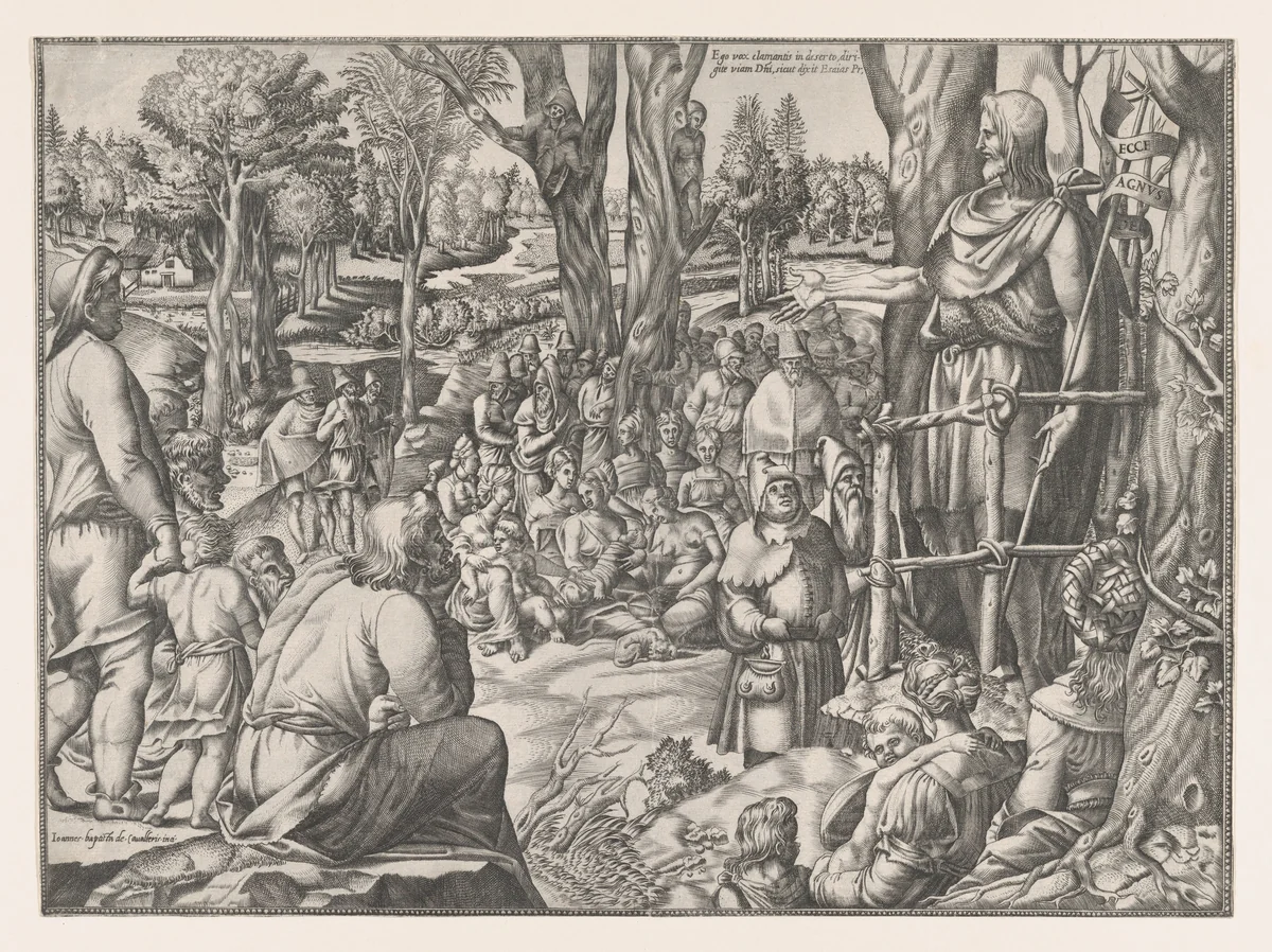 St. John Preaching in the Desert by Jean Mignon, print, 1535-1555