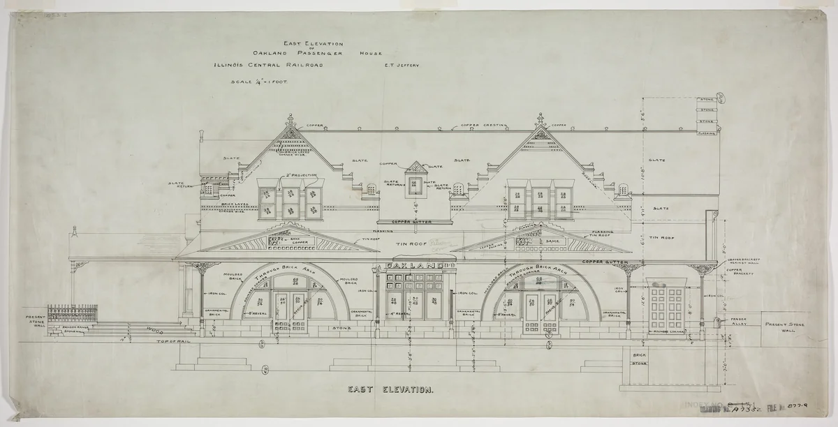 Oakland Avenue Railroad Station, Chicago, Illinois, East Elevation by Adler and Sullivan, drawing, 1886