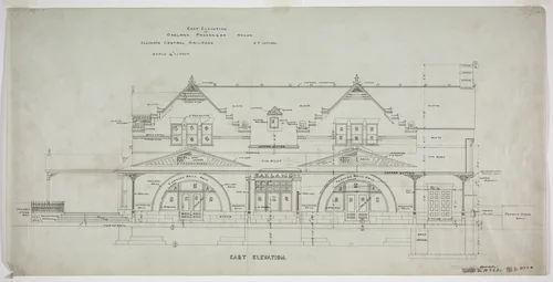 Oakland Avenue Railroad Station, Chicago, Illinois, East Elevation by Adler and Sullivan, drawing, 1886