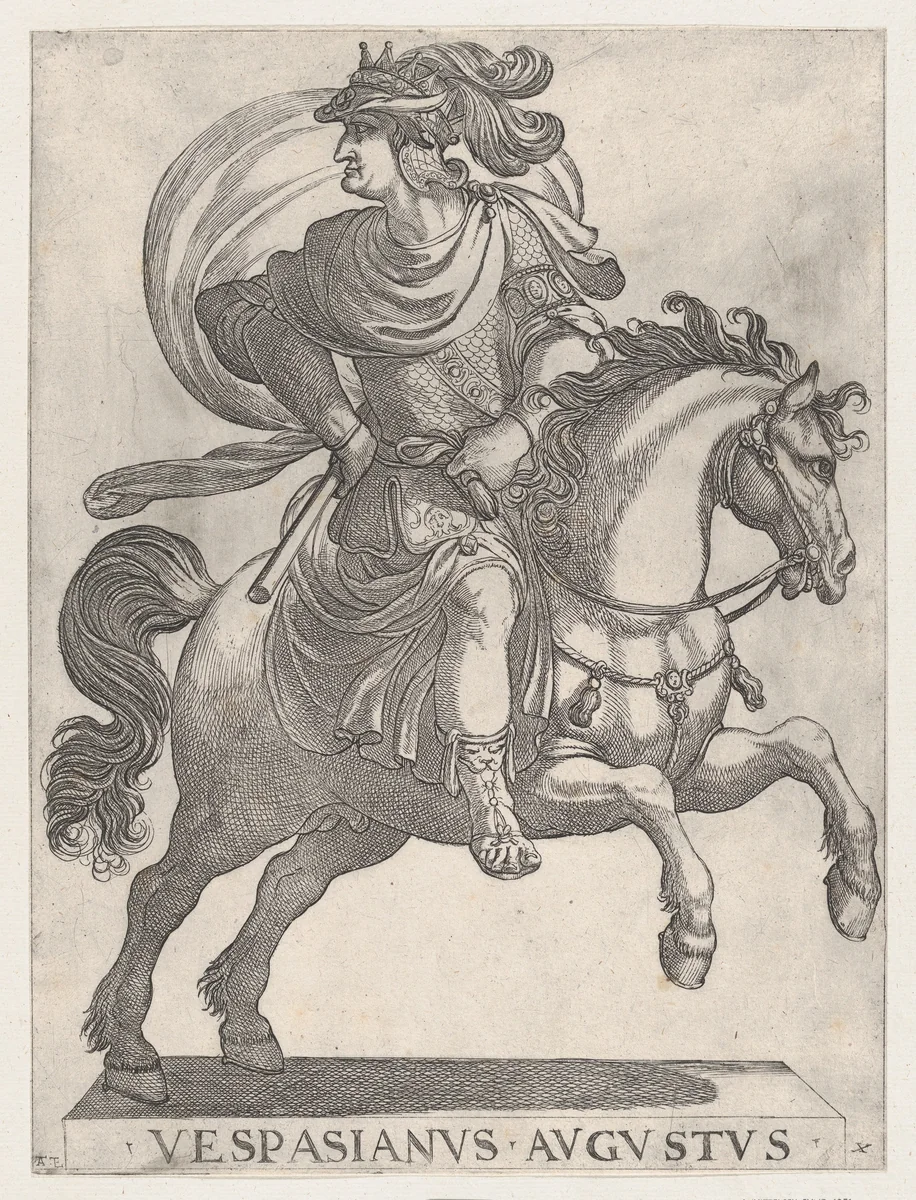 Emperor Vespasian on Horseback, from the series The First Twelve Roman Caesars, plate 10 by Antonio Tempesta, print, 1596