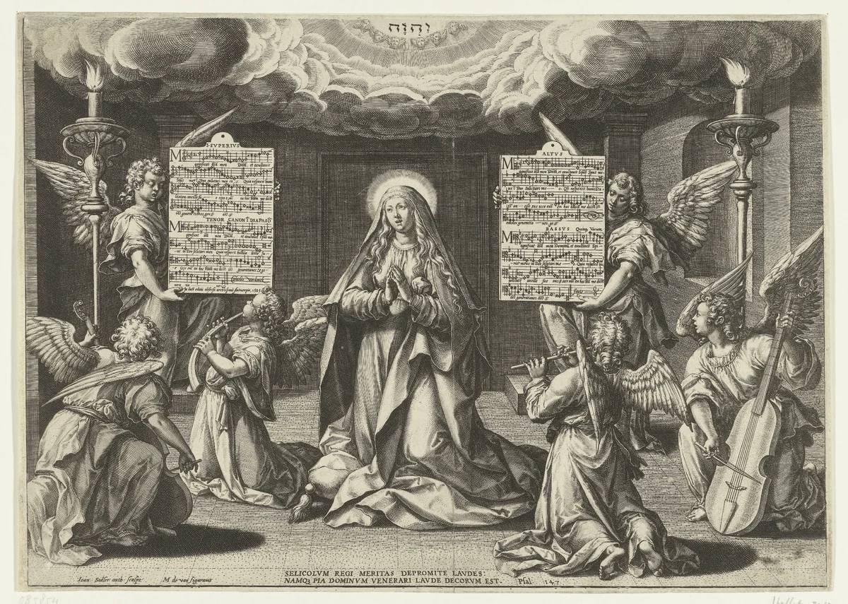 Maria omringd door musicerende engelen by Unknown, print, 1585