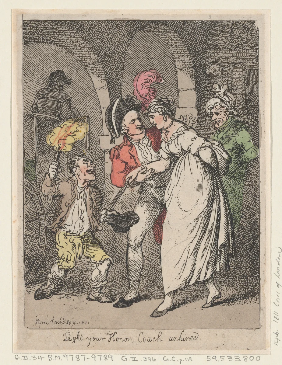 Light Your Honor, Coach unhired by Thomas Rowlandson, print, 1811