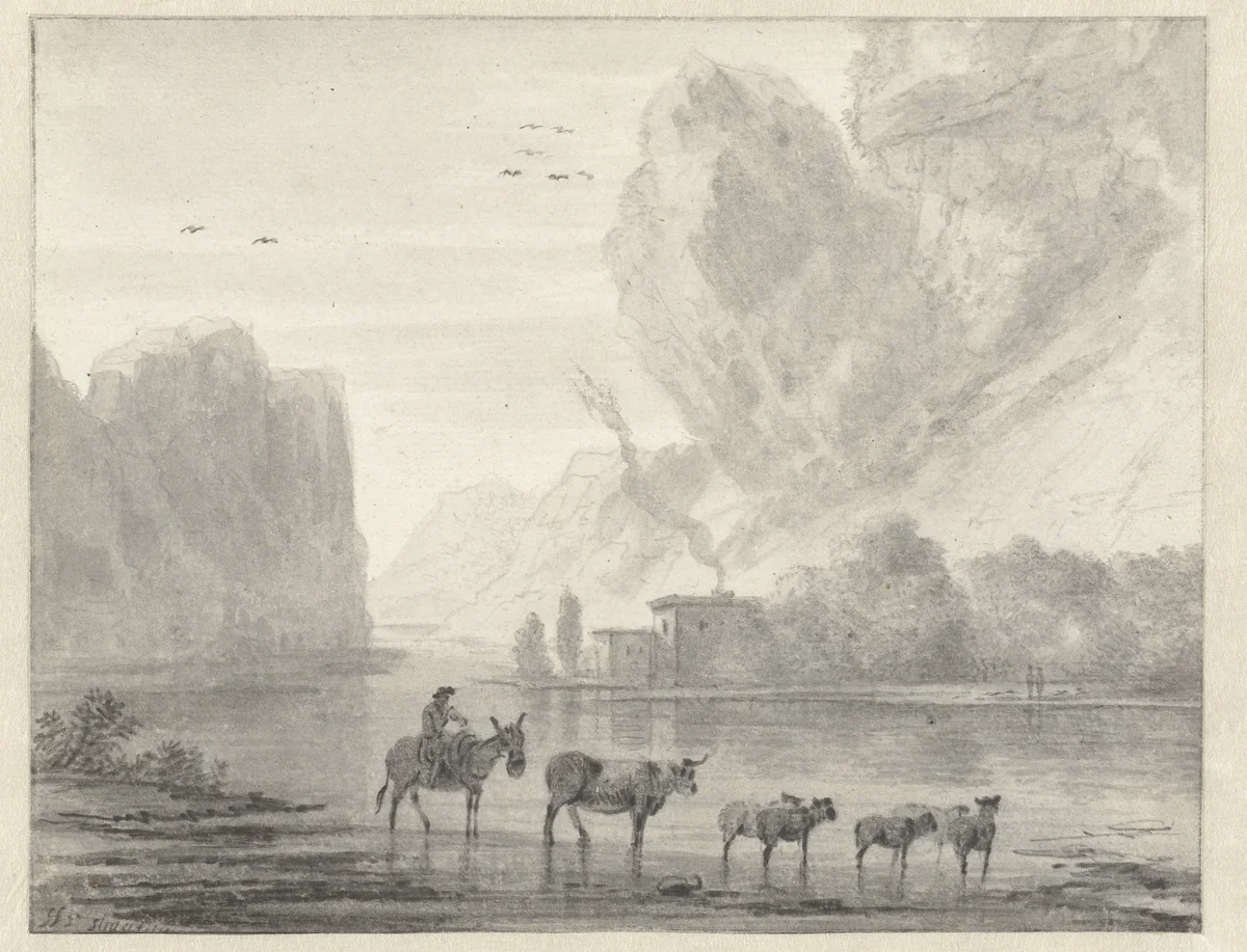 Rocky River Landscape with a Herder with his Cattle and Sheep by Hendrik van der Straaten, drawing, 1685-1689
