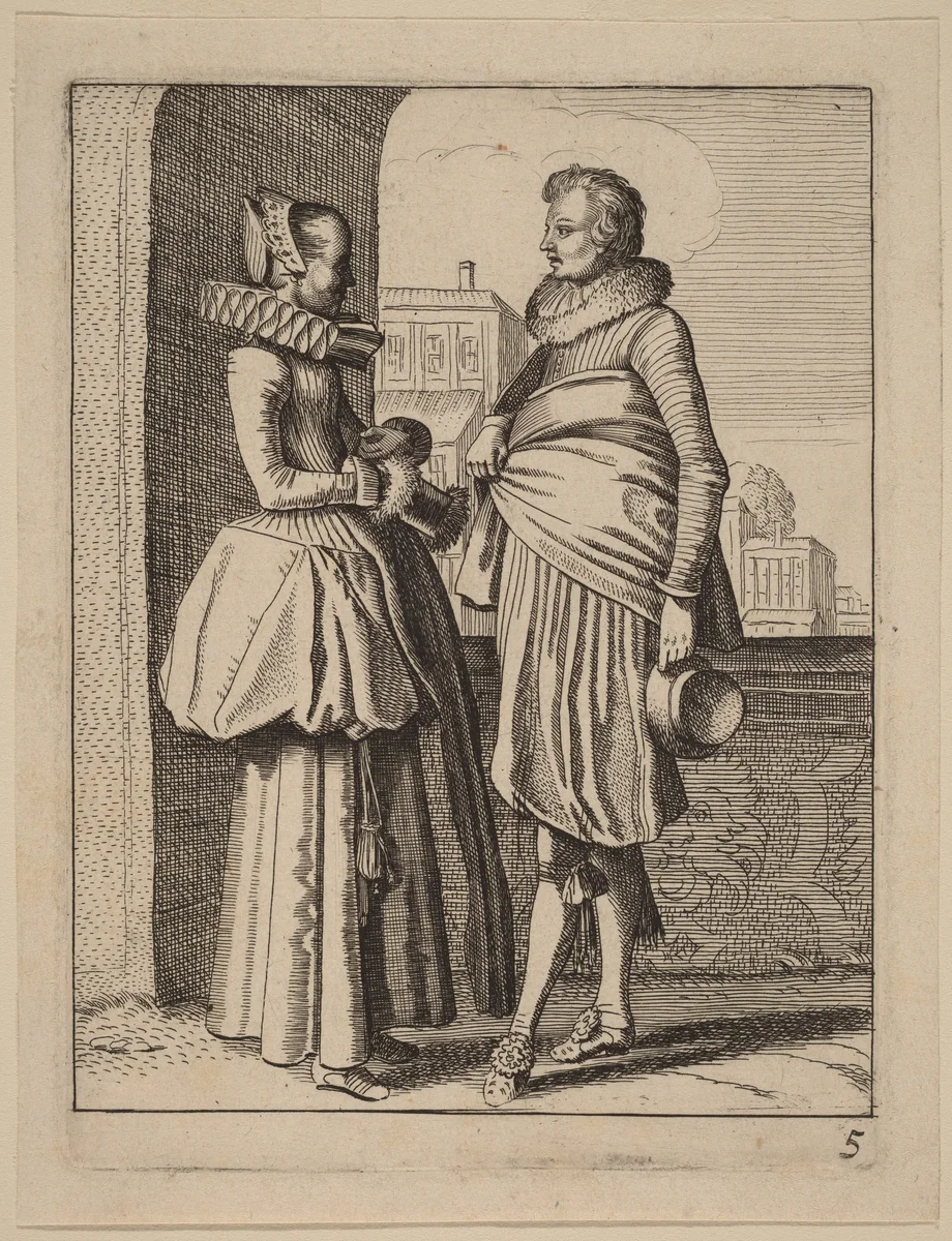 Two Figures in Costume by Jan van de Velde Claes Jansz Visscher, print, 1593-1641