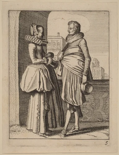 Two Figures in Costume by Jan van de Velde Claes Jansz Visscher, print, 1593-1641