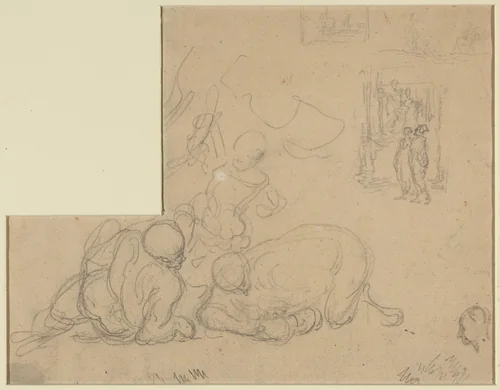 Sheet of Studies with Two Large Men on the Ground by Honoré Daumier, drawing, 1808-1879