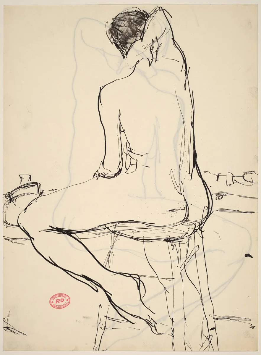 Untitled [nude seated on a stool with her right arm over her head] [recto] by Richard Diebenkorn, drawing, 1955-1967