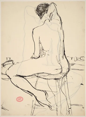 Untitled [nude seated on a stool with her right arm over her head] [recto] by Richard Diebenkorn, drawing, 1955-1967