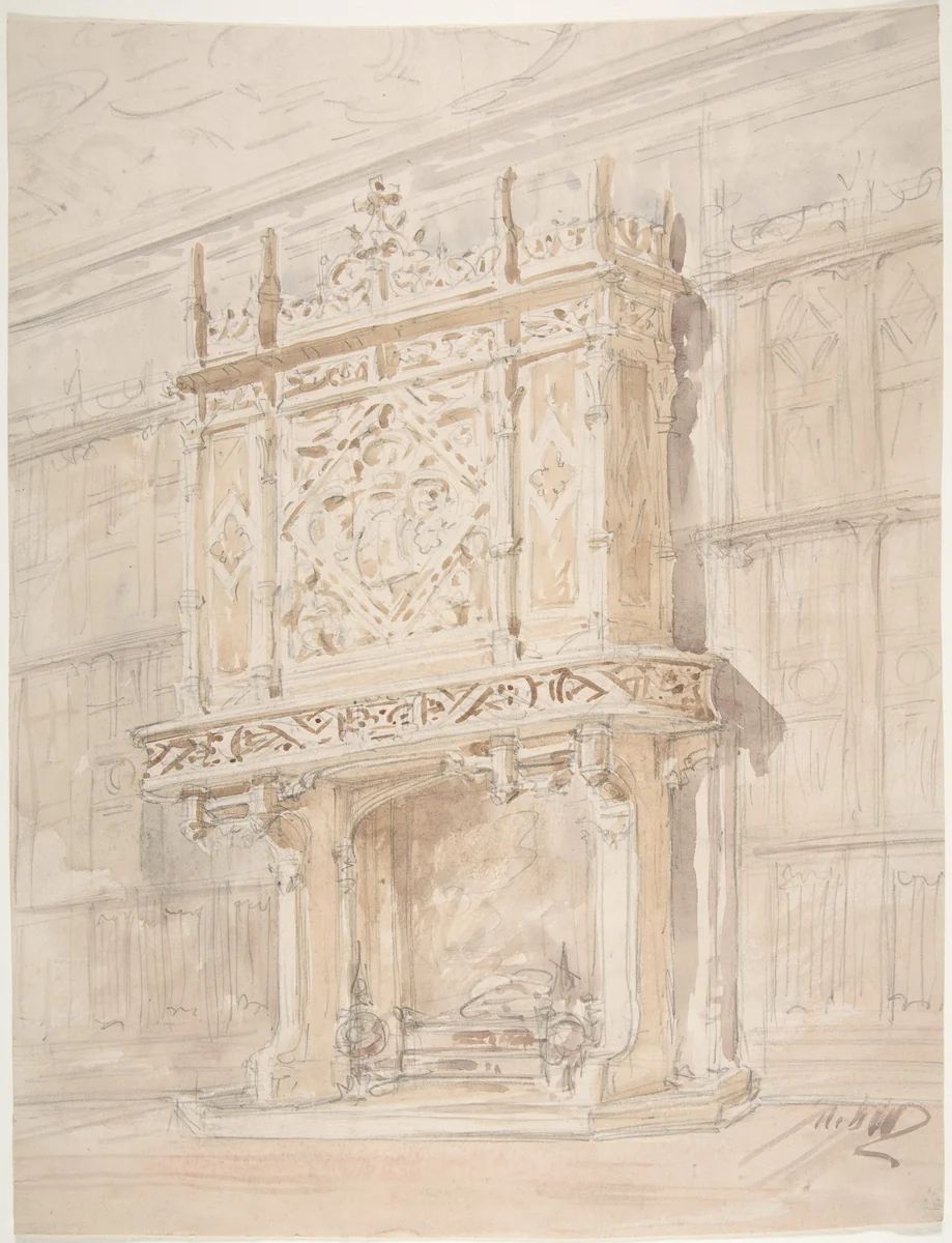 Medieval or Tudor Chimneypiece Design by anonymous, drawing, 1800-1900