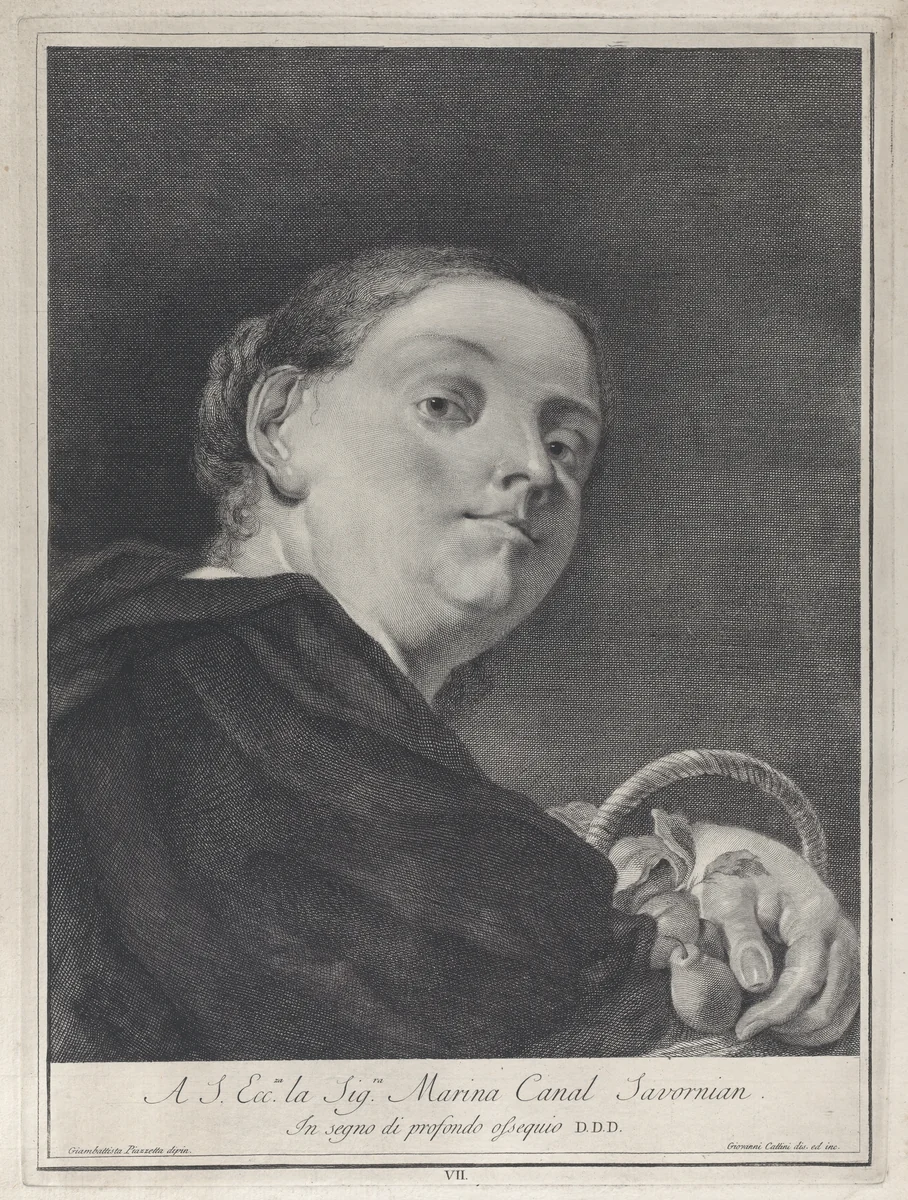 Plate 7: A woman with a basket of pears; from 'Icones ad vivum expressae' after Giovanni Battista Piazzetta by Giovanni Cattini, print, 1743