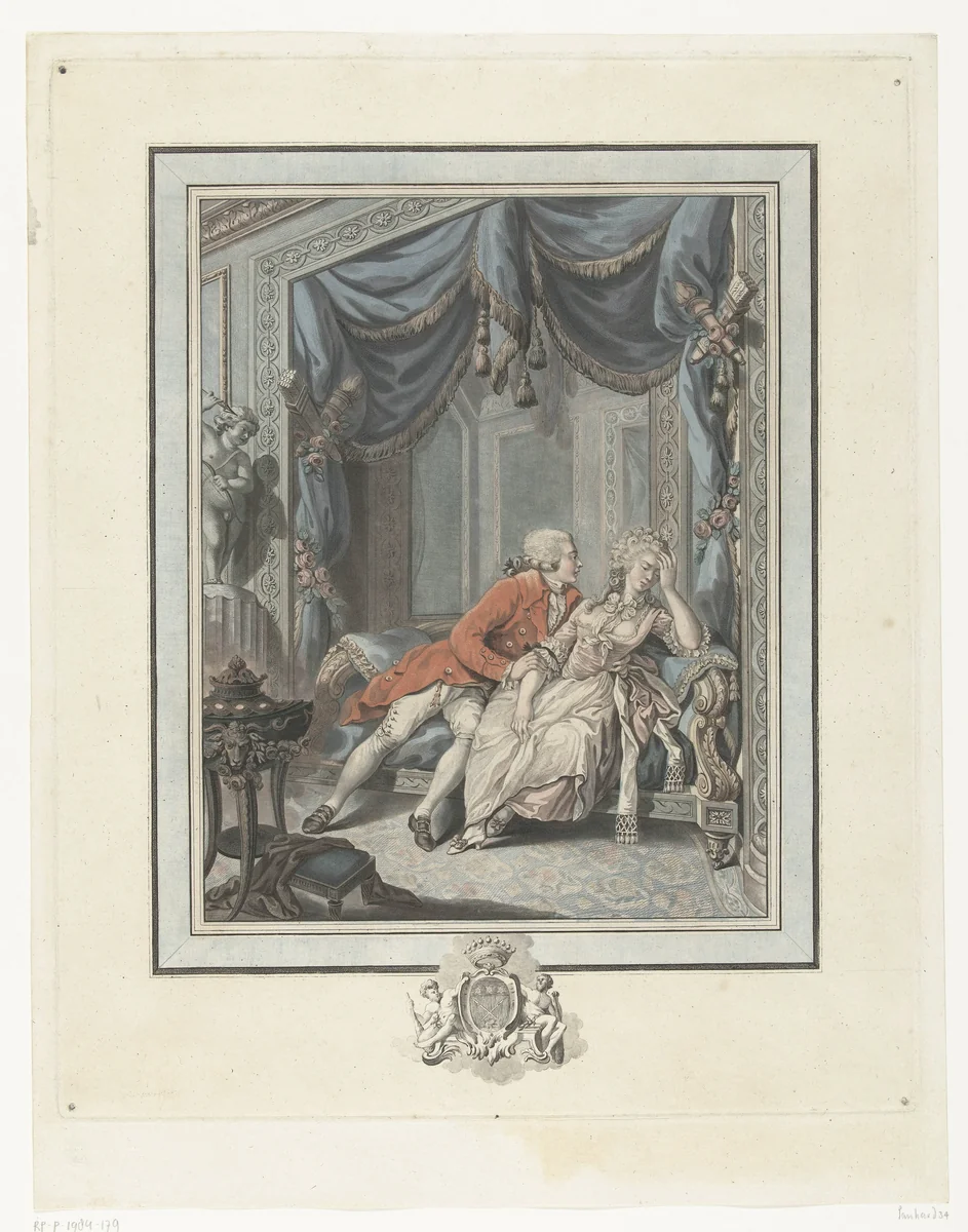Jonge man probeert een dame te verleiden by Joseph de Longueil, print, 1740-1792