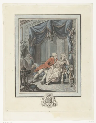 Jonge man probeert een dame te verleiden by Joseph de Longueil, print, 1740-1792
