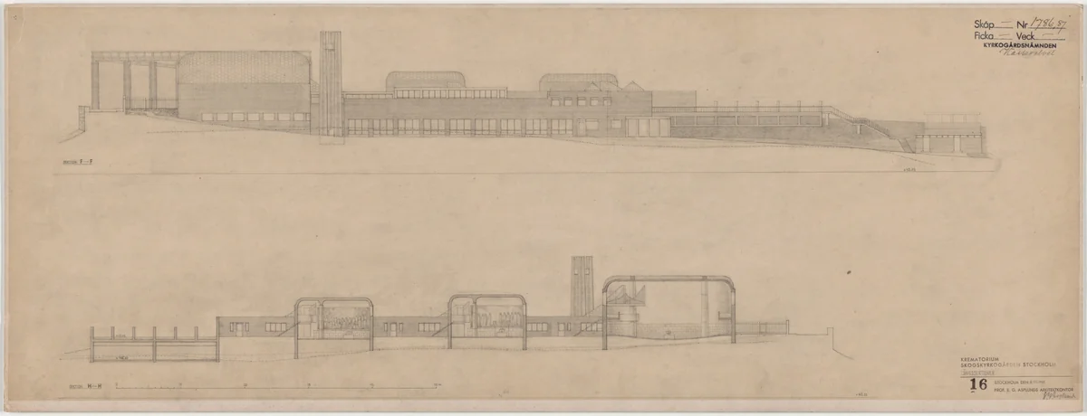 Woodland Crematorium, Stockholm, Sweden, Second version: exterior elevation and section by Erik Gunnar Asplund, architecture, 1935