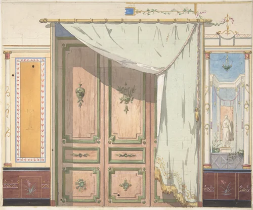 Pompeiian Design for Doorway and Wall with Curtain (possibly for Deepdene, Dorking, Surrey) by Jules-Edmond-Charles Lachaise, drawing, 1850-1900