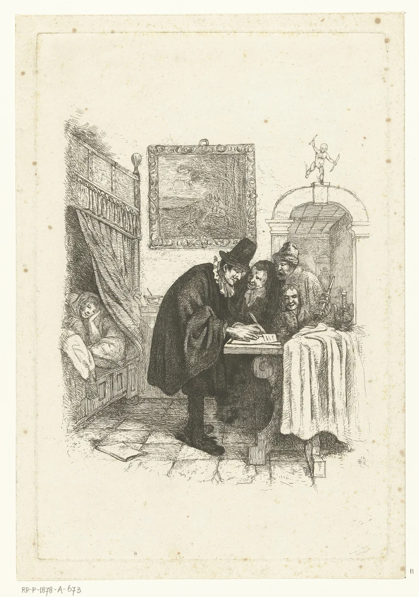 Dokter op huisbezoek bij zieke vrouw by Albertus Brondgeest, print, 1796-1849