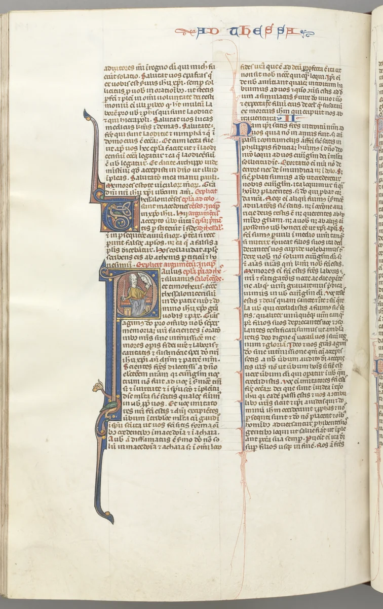 Fol. 454v,Thessalonians I, historiated initial P, Paul seated with a sword and a book, talking to the bust of God above by Unknown, book, 1270-1300