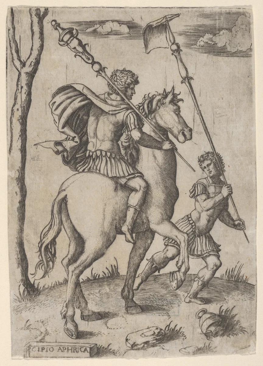 Scipio Africanus on horseback preceeded by a foot soldier holding a standard by Marcantonio Raimondi, print, 1495-1539