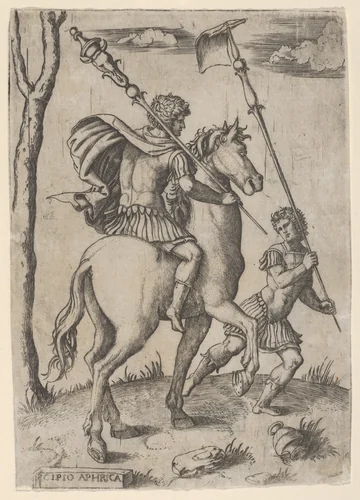 Scipio Africanus on horseback preceeded by a foot soldier holding a standard by Marcantonio Raimondi, print, 1495-1539