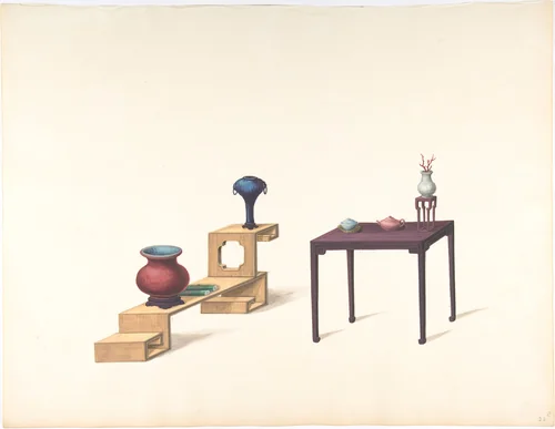 Two Tables, One Blond the Other Purple Lacquer, both with Vases and Objects by anonymous, drawing, 1800-1900