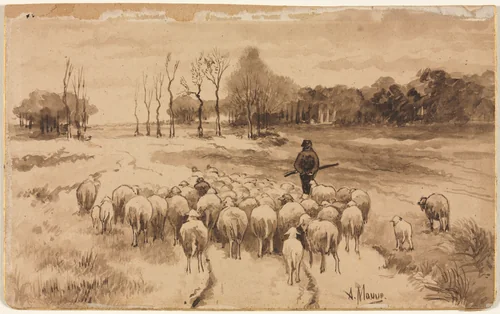 Shepherd with His Flock by Anton Mauve, drawing, 1865-1875