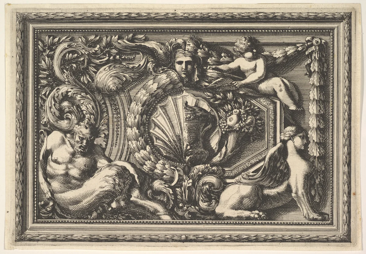 Design for a Panel with Two Variants containing a Satyr and a Sphynx, from "Panneaux d'ornement" by Jean Le Pautre, print, 1618-1682
