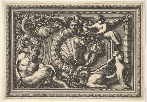 Design for a Panel with Two Variants containing a Satyr and a Sphynx, from "Panneaux d'ornement" by Jean Le Pautre, print, 1618-1682