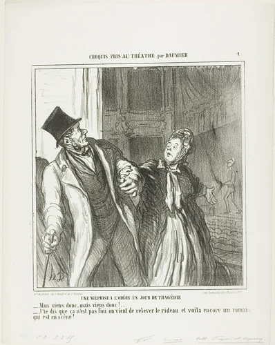 A Misapprehension at the Odeon, on a Day of Drama. “- Come on, come on let's go! - I am telling you it's not finished. The curtain has gone up again and there is still Roman on the stage,” plate 4 from Croquis Pris Au Théatre par Daumier by Honoré-Victorin Daumier, print, 1864